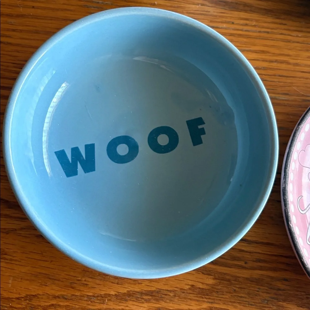 Set/5 Good used condition Blue Ceramic Pet Bowls Set with 'MEOW' and 'WOOF'